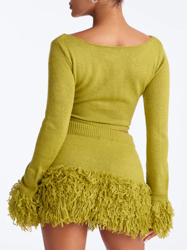 Knit Crop Top & Fringe Skirt Set