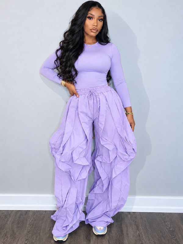 Solid Tee & Frilled Pants Set