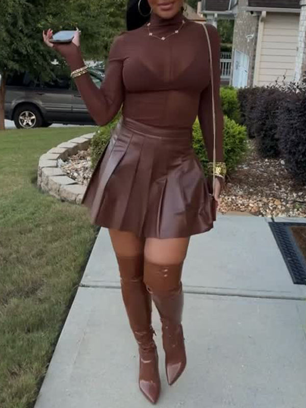 Faux-Leather Pleated Skirt