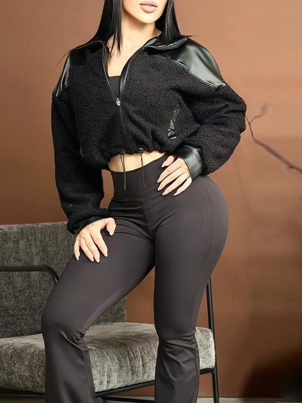 Faux-Leather Combo Zip-Front Jacket