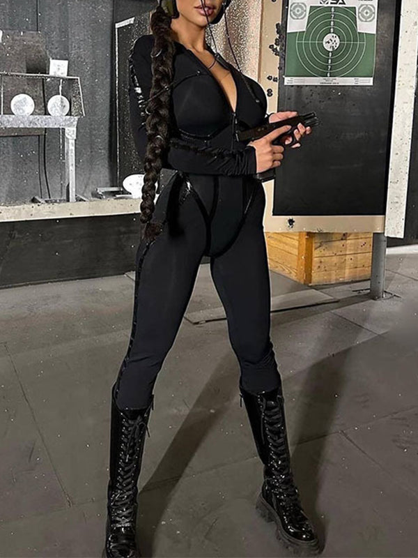 Faux-Leather Combo Zip-Front Jumpsuit