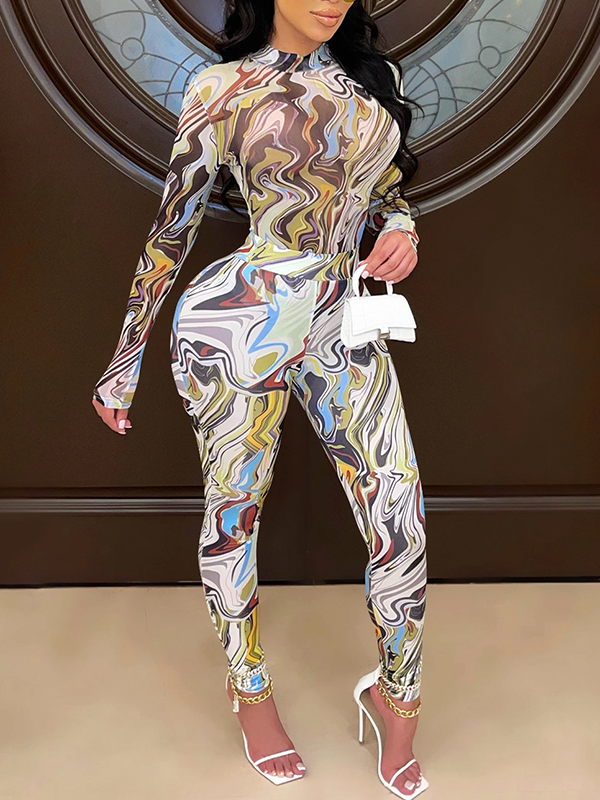 Printed Mock-Neck Top & Pants Set