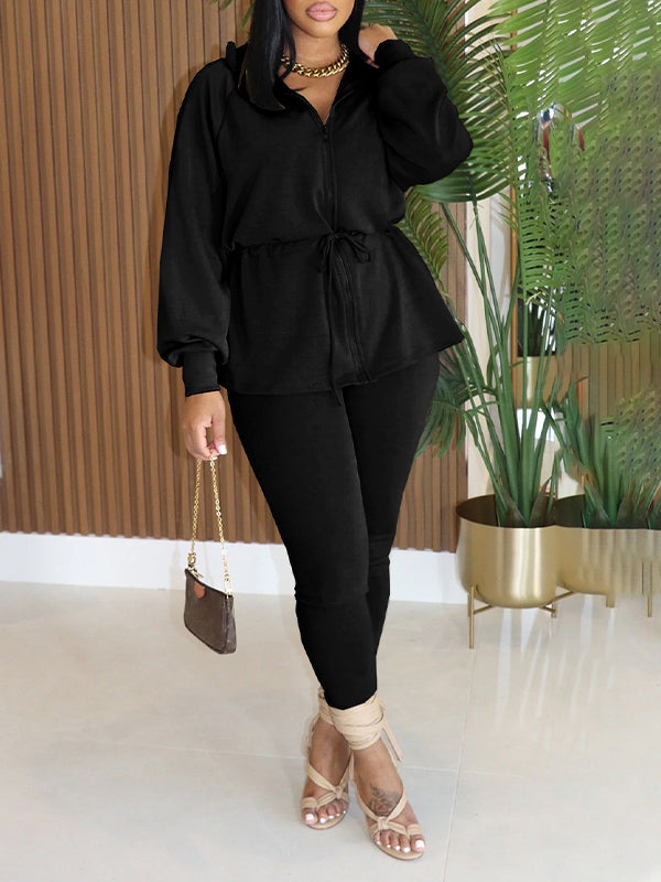 Drawstring Zip-Front Jacket & Pants Set