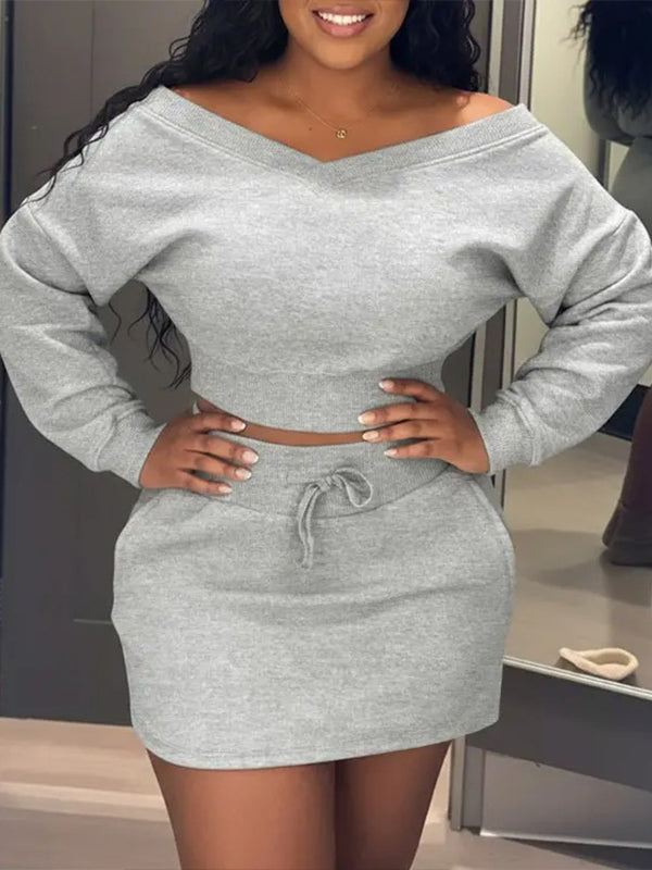 Solid V-Neck Sweatshirt & Skirt Set