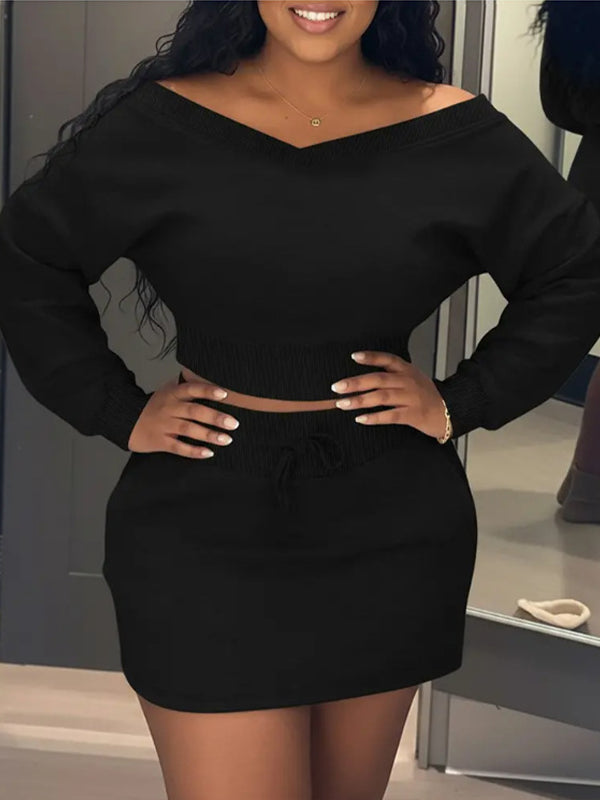 Solid V-Neck Sweatshirt & Skirt Set