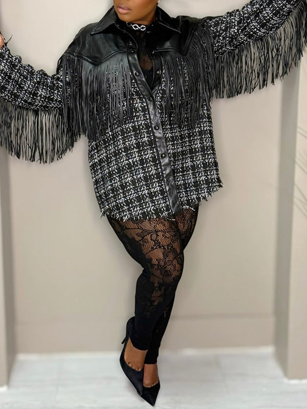 Faux-Leather Combo Fringe Jacket