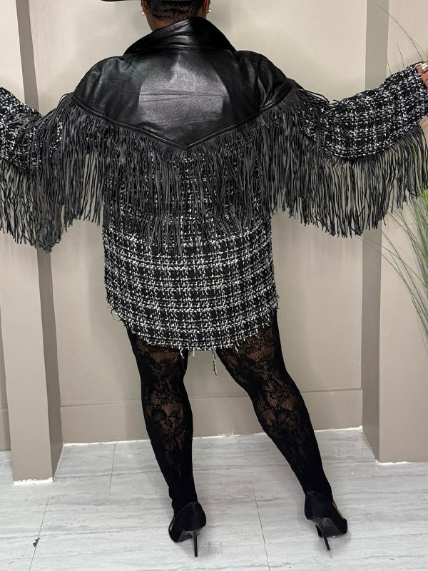 Faux-Leather Combo Fringe Jacket