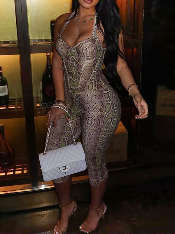 Snake-Print Halter Top & Capri Pants Set