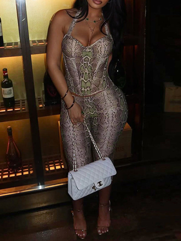 Snake-Print Halter Top & Capri Pants Set