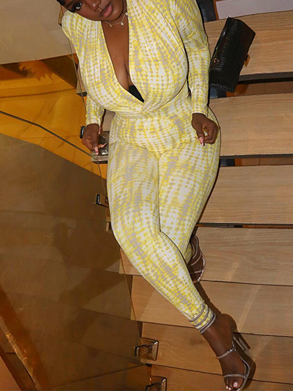Printed V-Neck Skinny Jumpsuit