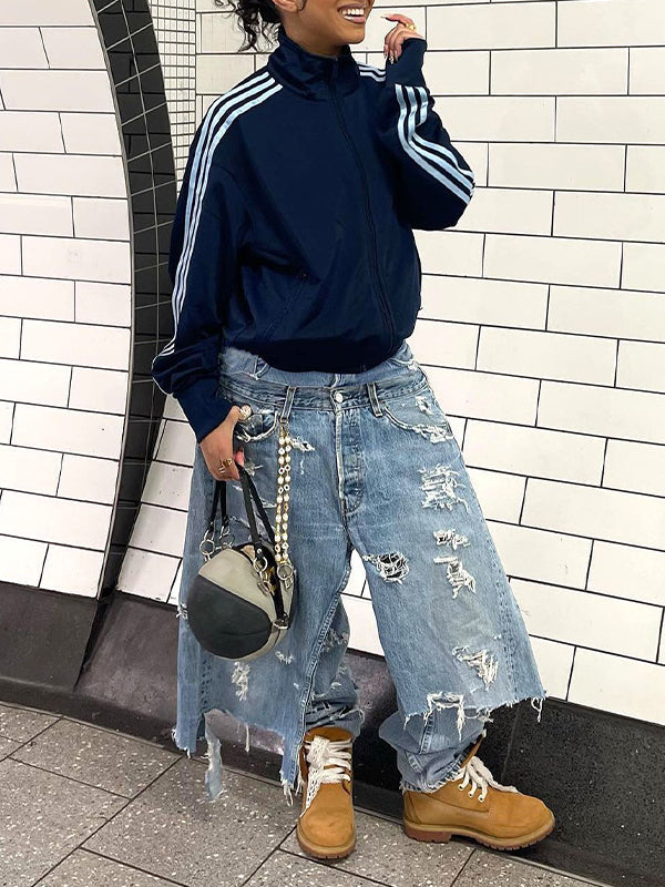 Double-Waist Ripped Jeans