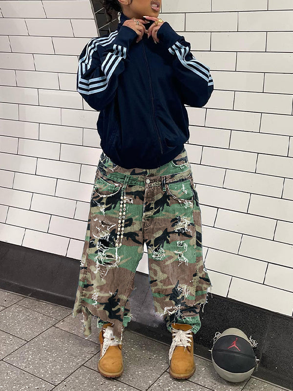 Camo Double-Waist Ripped Jeans
