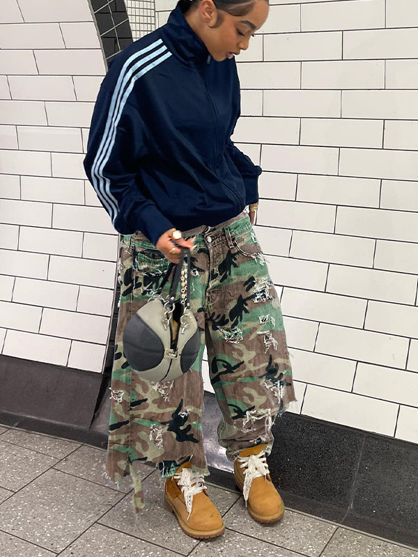 Camo Double-Waist Ripped Jeans