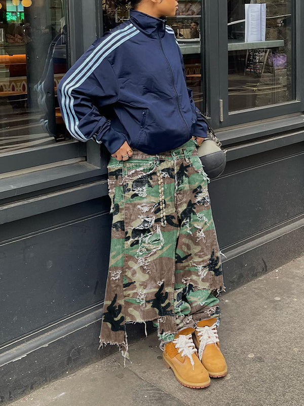 Camo Double-Waist Ripped Jeans