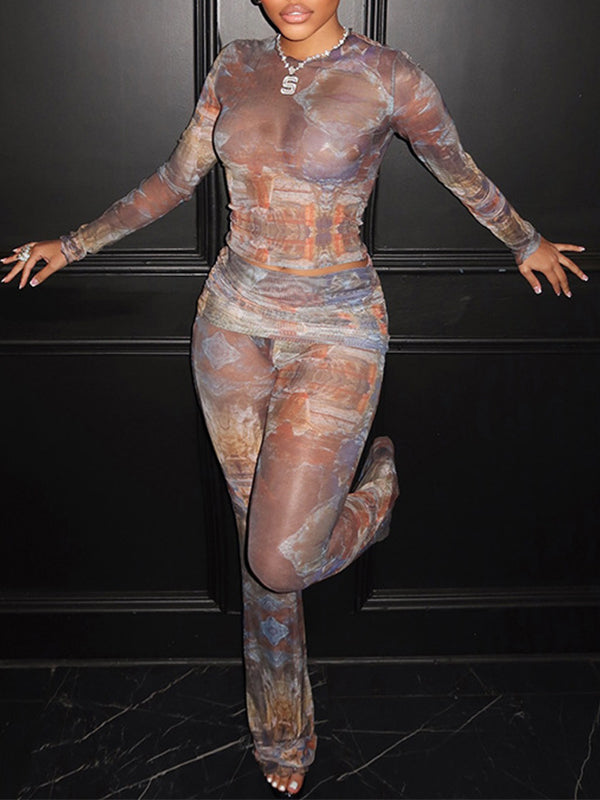 Printed Sheer Top & Pants Set