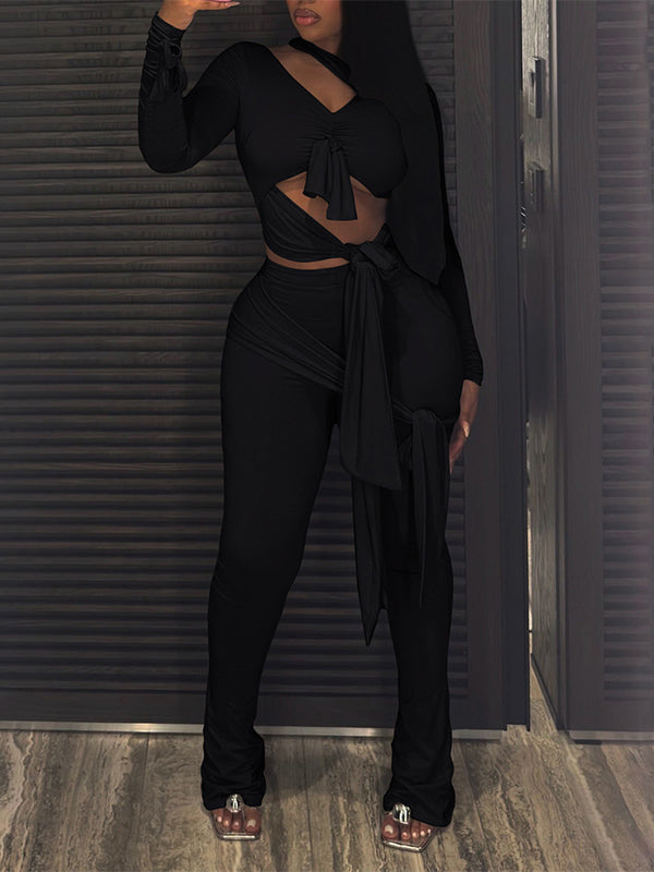 Solid Tied Cutout Pants Set
