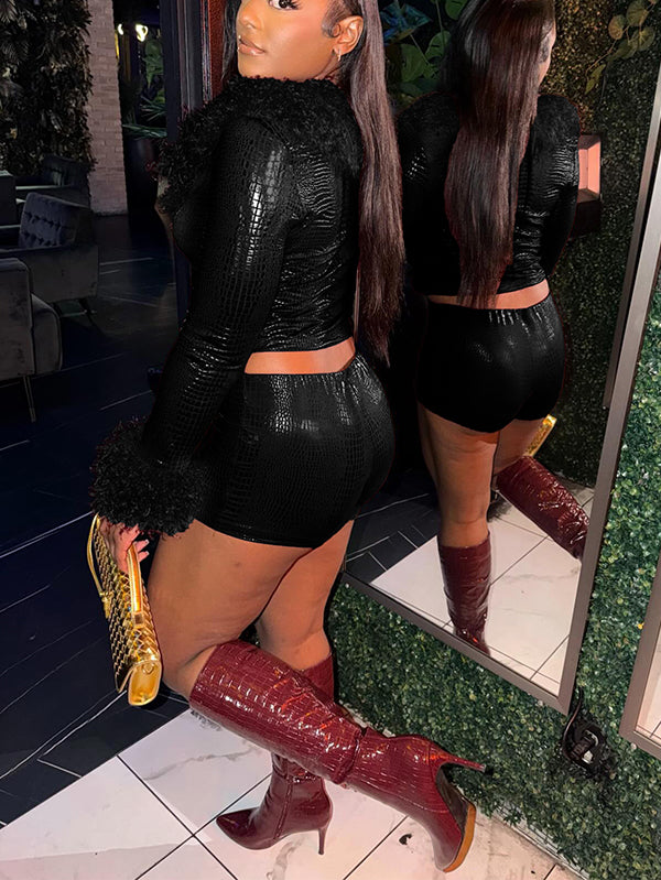 Faux-Fur Combo Jacket & Shorts Set