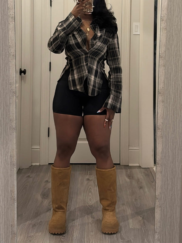 Plaid Side-Slit Shirt