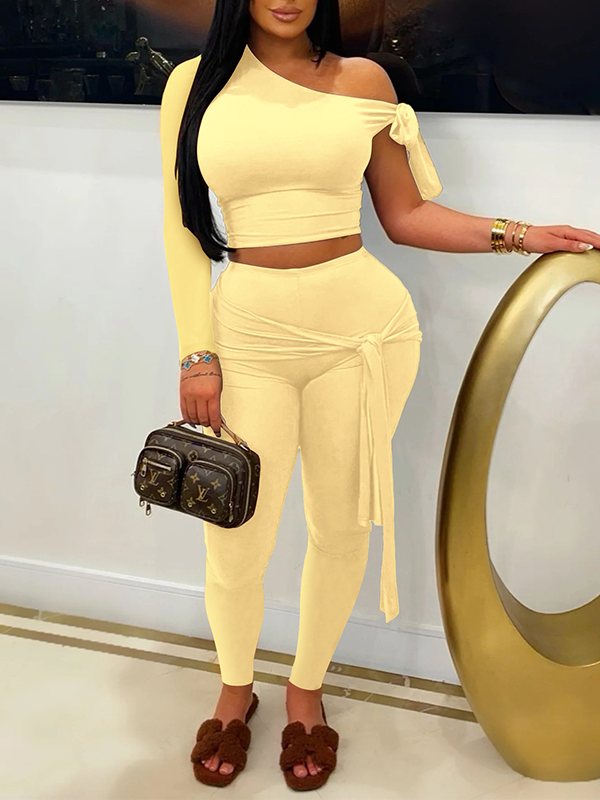 Solid Boat-Neck Top & Tied Pants Set