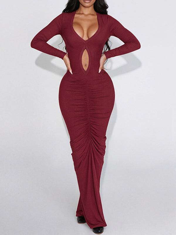 V-Neck Cutout Ruched Dress