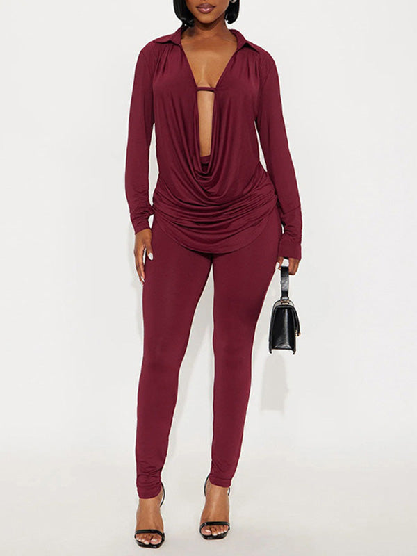 Solid Cowl-Neck Top & Pants Set