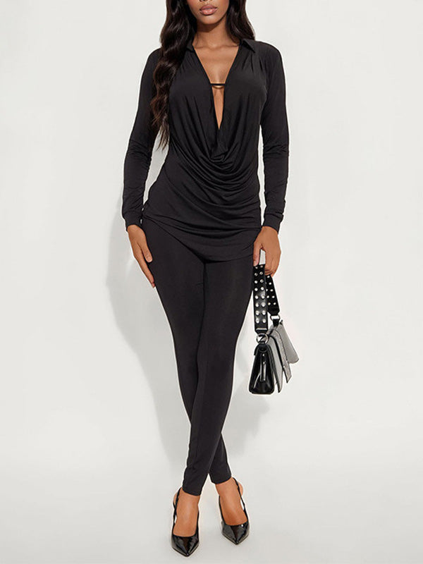 Solid Cowl-Neck Top & Pants Set