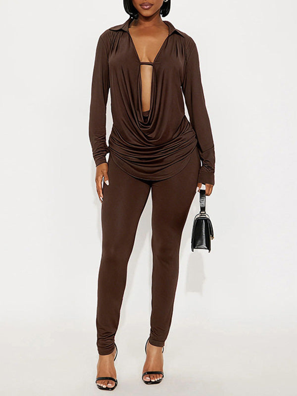 Solid Cowl-Neck Top & Pants Set