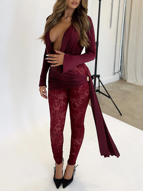 Cowl-Neck Top & Lace Pants Set