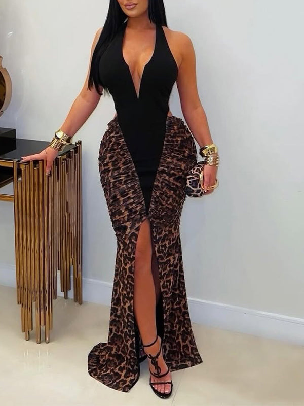 Leopard Combo Halter Dress