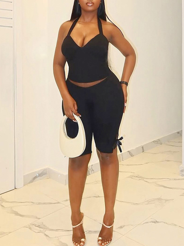 Solid Halter Top & Tied Shorts Set