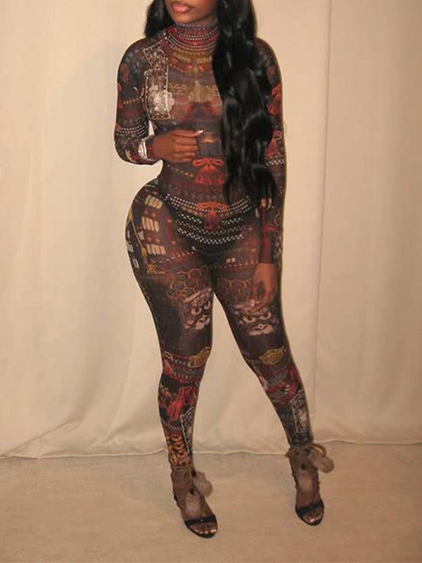 Printed Mock-Neck Sheer Jumpsuit