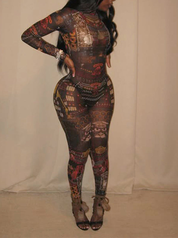 Printed Mock-Neck Sheer Jumpsuit