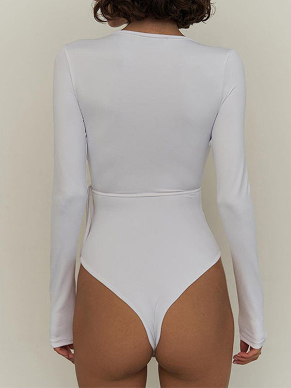 Solid Cutout Tied Bodysuit