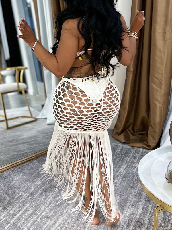 Sequin One-Shoulder Mesh Fringe Dress