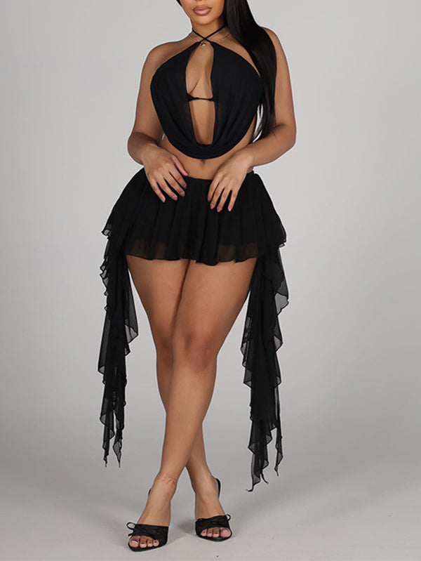 Cowl-Neck Halter Top & Draped Skirt Set