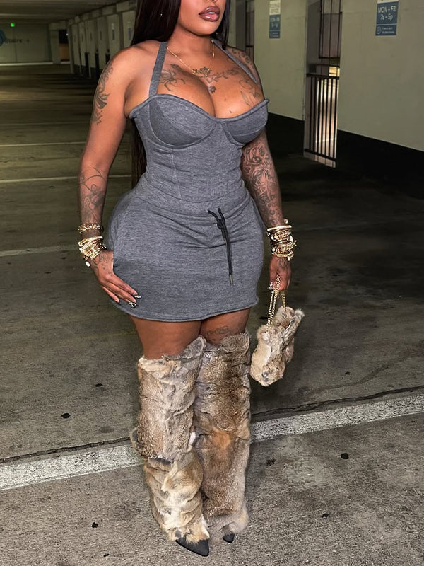 Solid Halter Top & Skirt Set