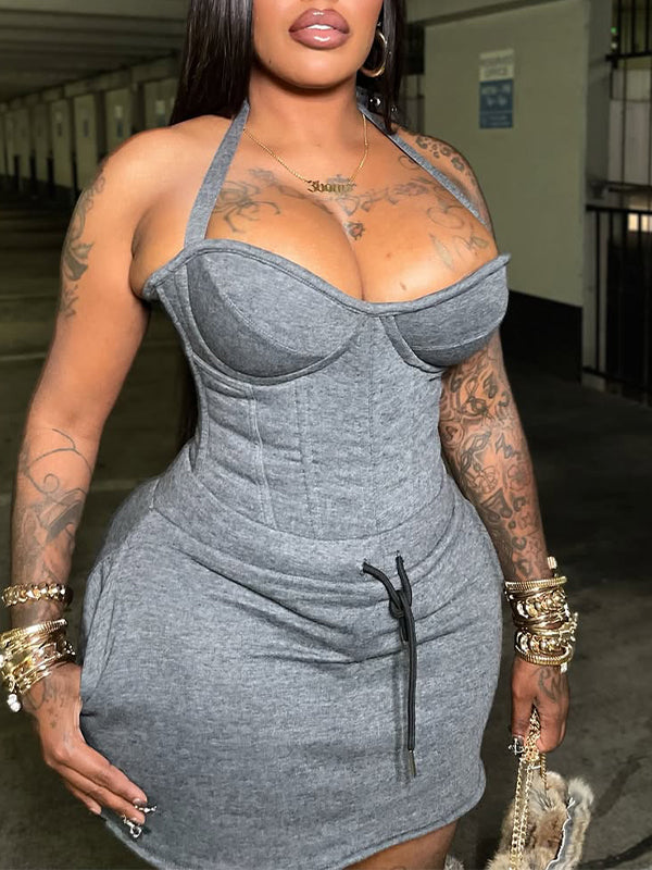 Solid Halter Top & Skirt Set