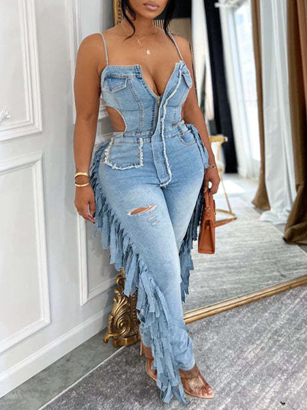 Motionkiller Fringe Cami Denim Jumpsuit