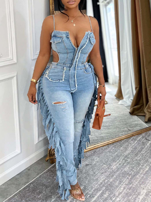 Motionkiller Fringe Cami Denim Jumpsuit