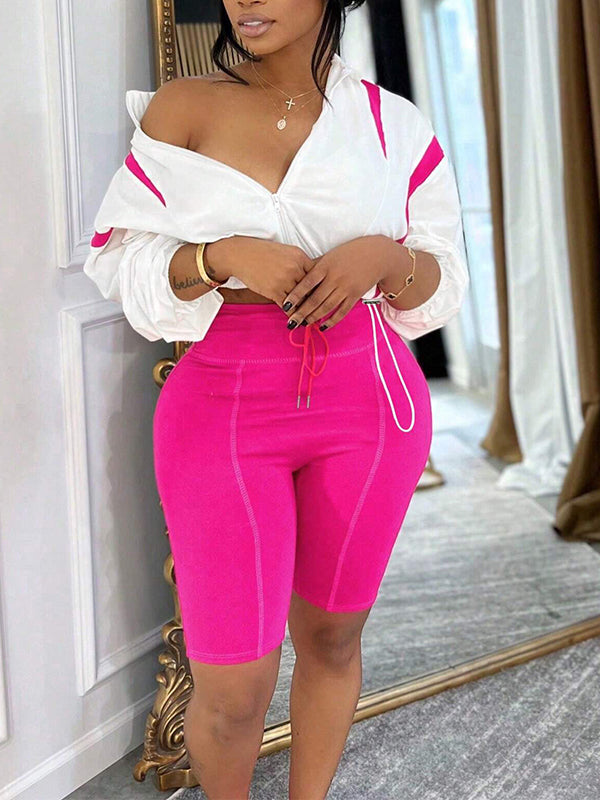 Two-Tone Zip-Front Jacket & Biker Shorts Set