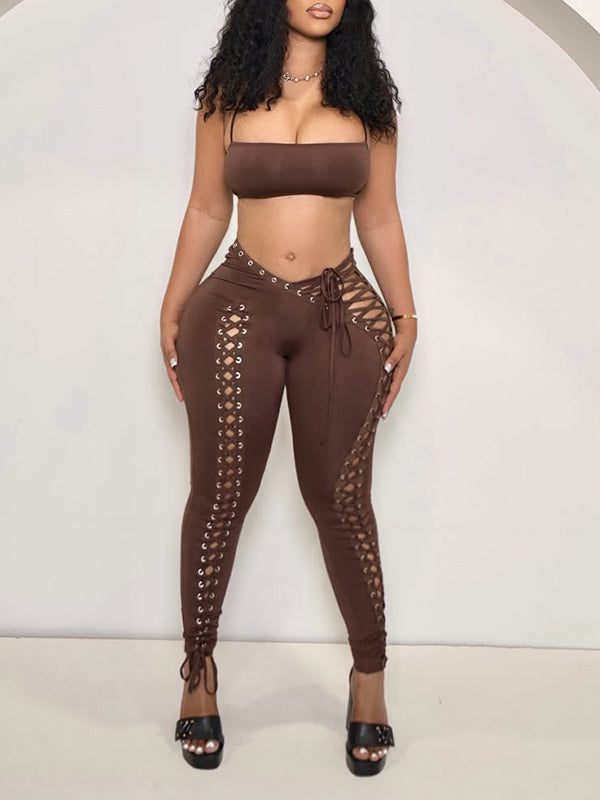 Solid Halter Top & Lace-Up Pants Set