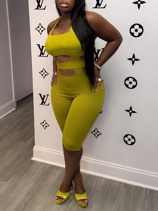 Solid Cutout Halter Romper