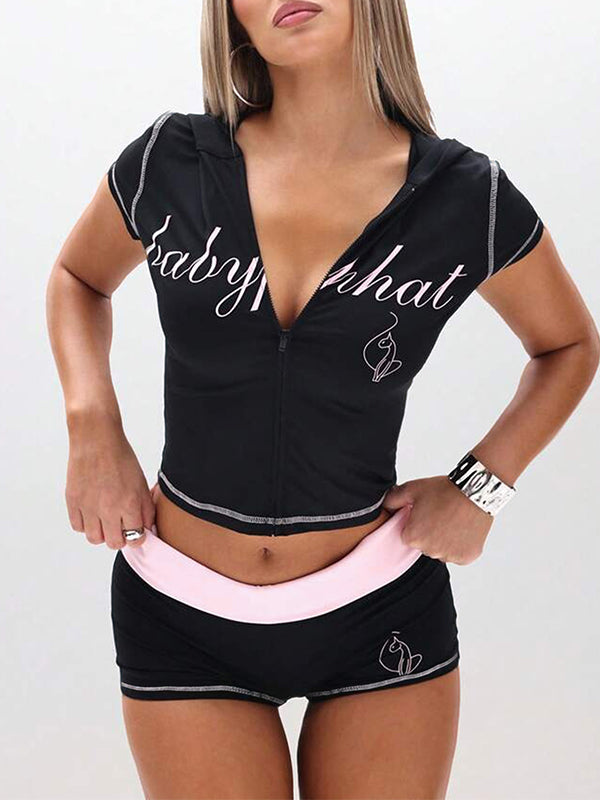 Printed Zip-Front Hoodie & Shorts Set