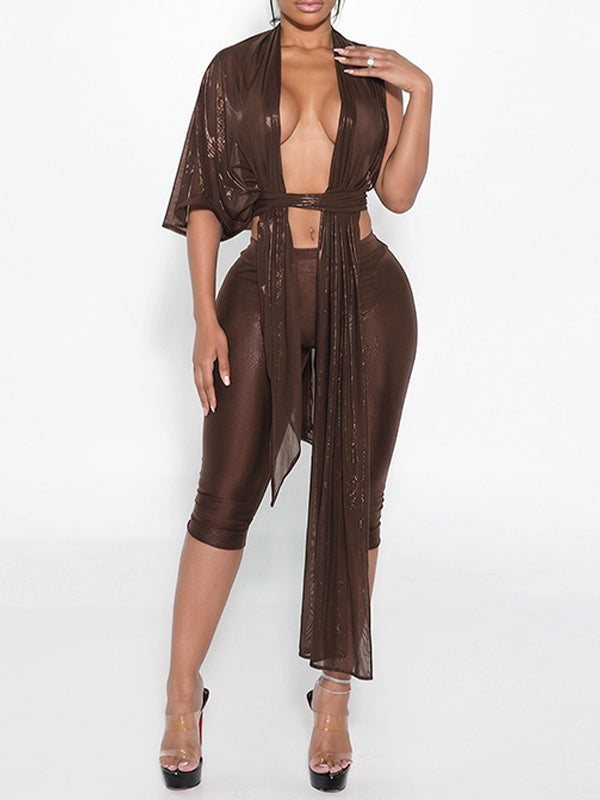 Metallic Tied Top & Capri Pants Set