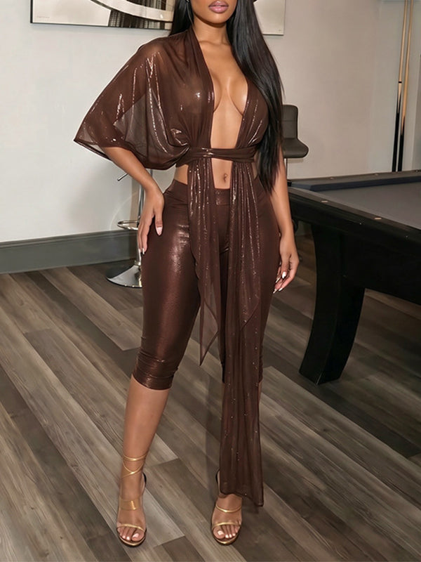Metallic Tied Top & Capri Pants Set