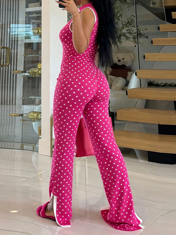 Dot Sleeveless Polo Top & Slit Pants Set