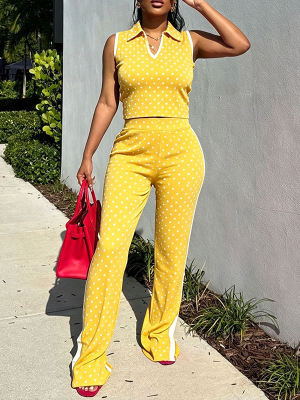 Dot Sleeveless Polo Top & Slit Pants Set