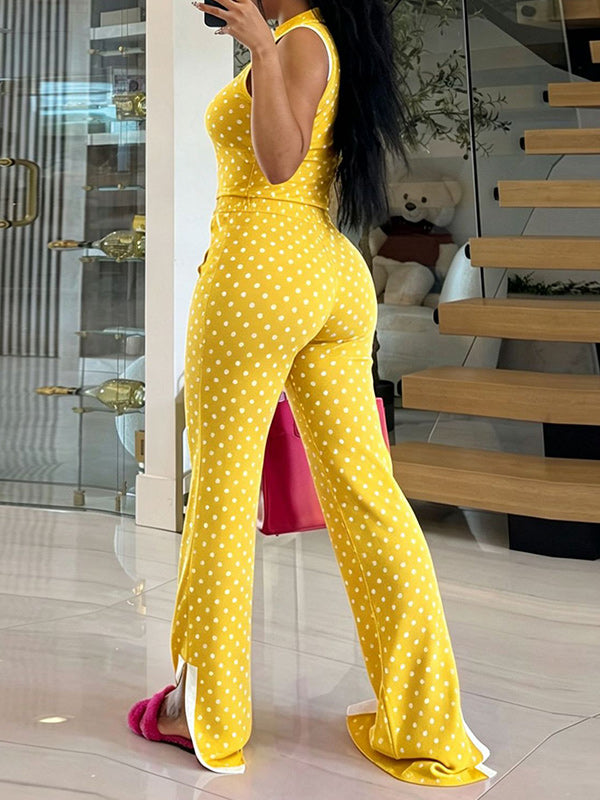Dot Sleeveless Polo Top & Slit Pants Set