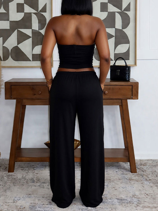 Solid Halter Top & Wide-Leg Pants Set