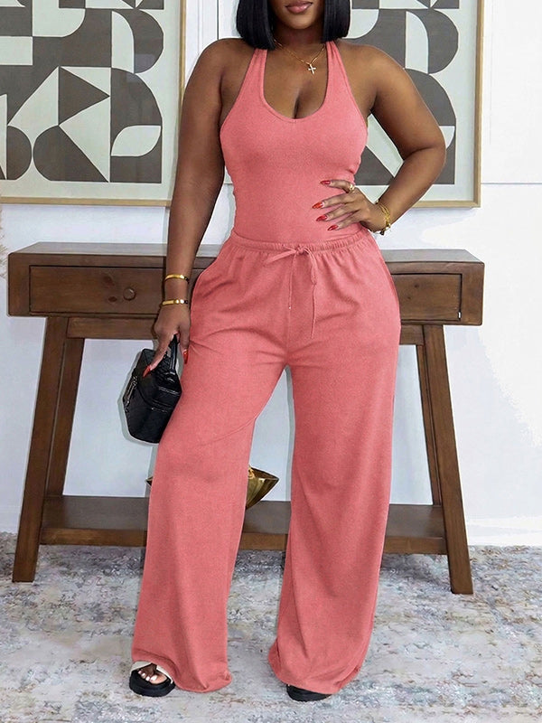 Solid Halter Top & Wide-Leg Pants Set